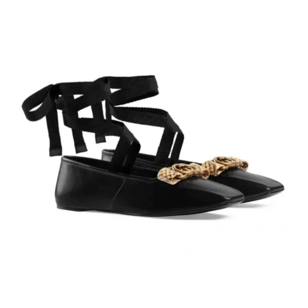 Gucci GG Python Bow Leather Ballet Flats - Picture 6 of 15
